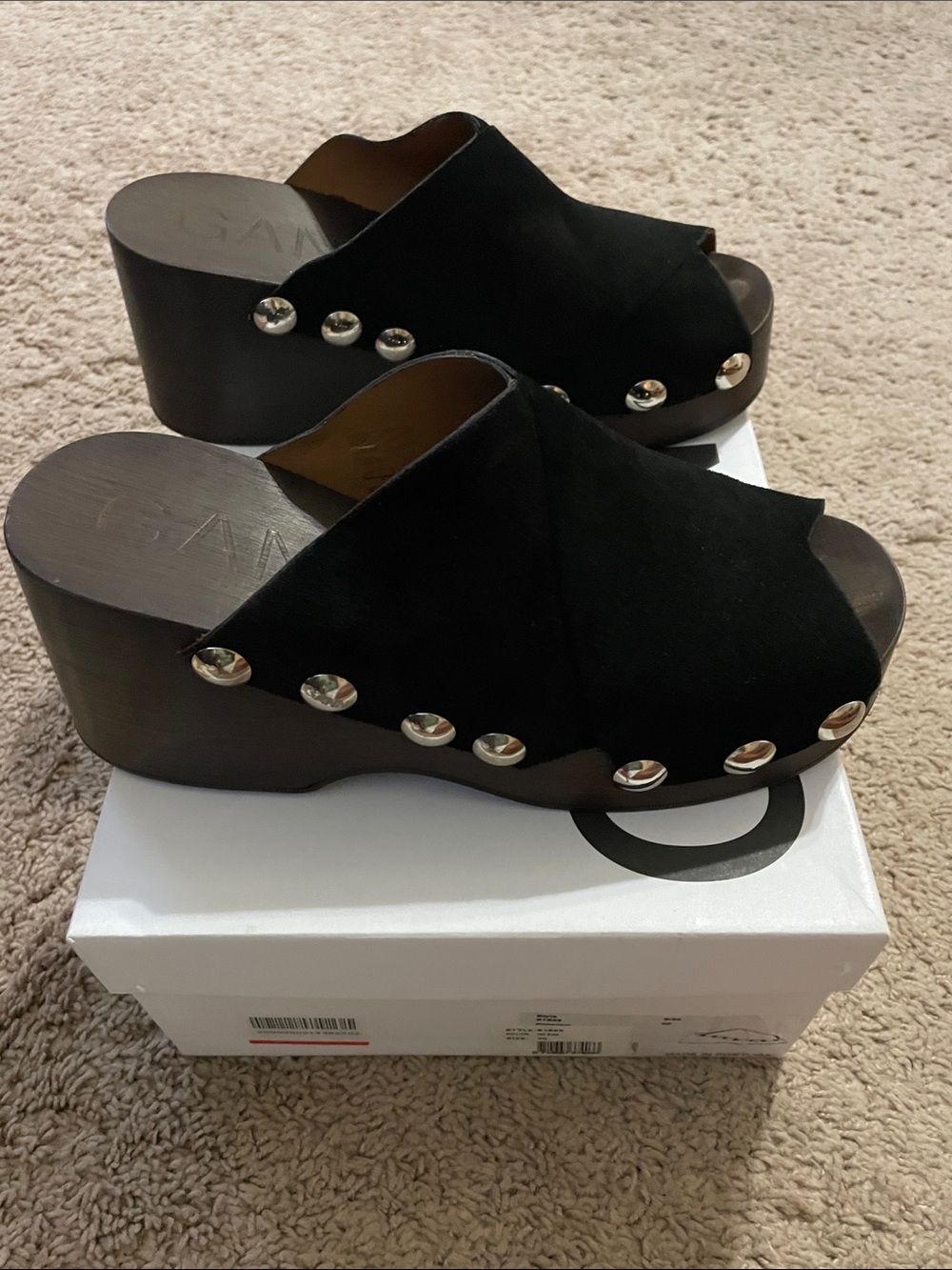 Ganni Black Suede Crisscross Platform Mules with Silver Studs - Picture 2 of 4
